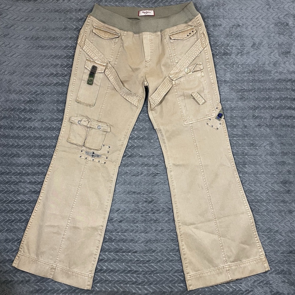 Vtg Pepe Jeans Men Cargo Pants 34/36x32 Army Tactical Wide Leg Distressed Y2K